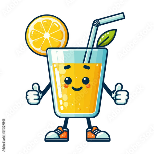 This cheerful, anthropomorphic glass of orange juice with a lemon slice and straw, giving a thumbs-up, is perfect for websites and blogs about healthy drinks, summer, or positive lifestyle choices.

