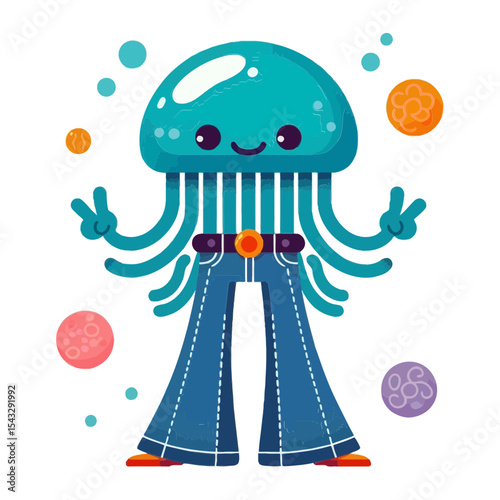 This playful, anthropomorphic jellyfish character in bell-bottoms and giving a peace sign, surrounded by planets, is perfect for websites and blogs about marine life, space, or retro themes.

