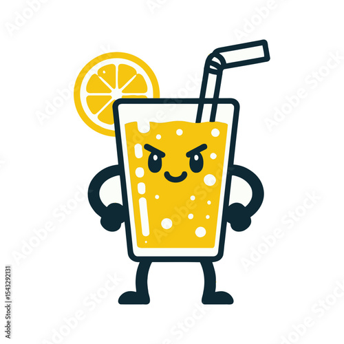 This zesty lemonade mascot, with a determined expression and a lemon slice, is perfect for websites or blogs about summer drinks, healthy beverages, citrus, refreshment, or themes of energy 