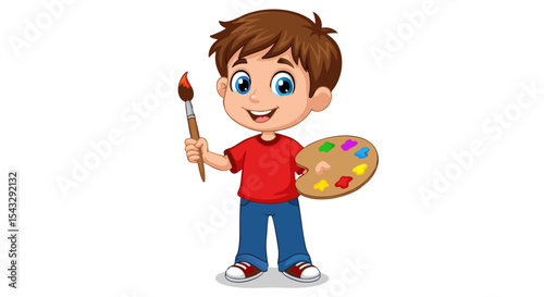 cartoon character  style Young Artist Cartoon Character with Painting Tools Smiling Cartoon Boy Painting with Brush and Palette Happy Child Artist Holding Paintbrush and Palette  Vector illustration