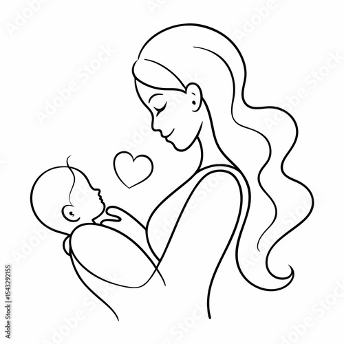 Mother and Child Love Line Art Vector