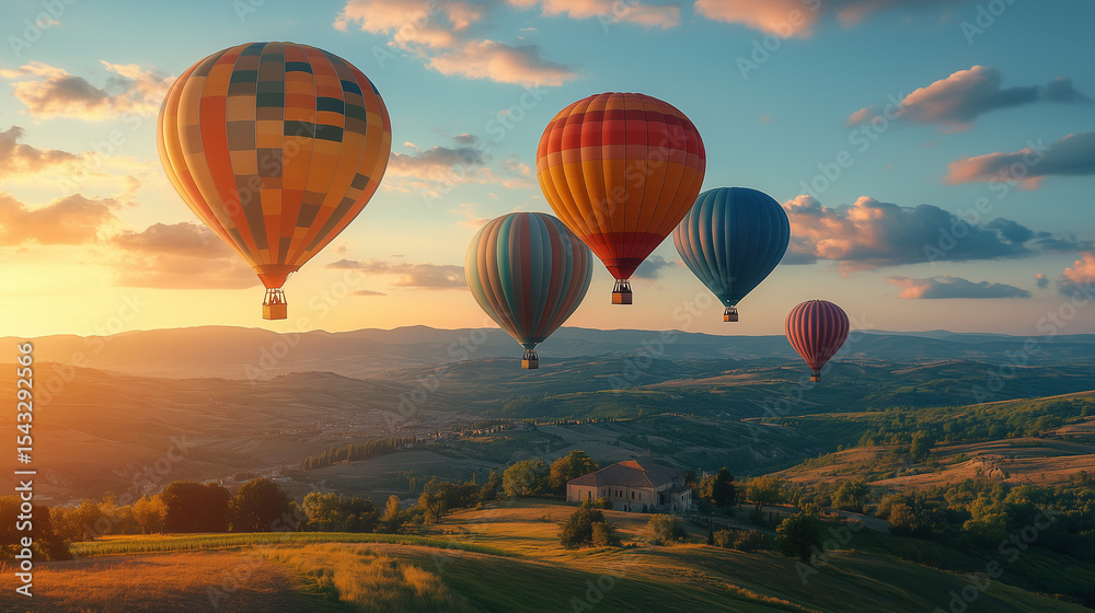 Naklejka premium Hot Air Balloons Floating at Sunrise Over Rural Landscape