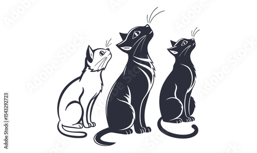 Three Cats Looking Up Vector – Stylish Cat Illustration Clipart