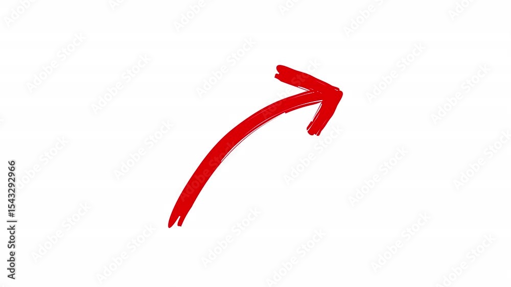 Hand drawn red brush arrow curving upward to the right on a clean white background animation. for emphasis in presentations, marketing videos, call to actions, or animated explainer content