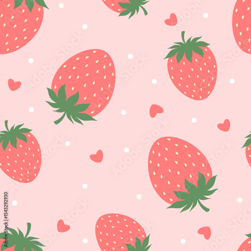 Cute seamless pattern with strawberries and hearts on a pink background. Vector illustration.