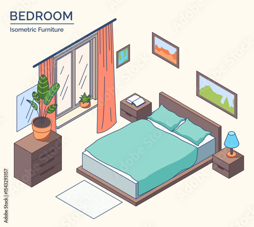 Cartoon Color Bedroom Room Furniture Setting Concept 3d Isometric View Line Elements. Vector illustration of Bed and Bedside Tables