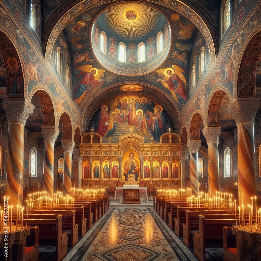 Obraz premium Byzantine Chapel Frescoed ceilings marble iconostasis candlelit