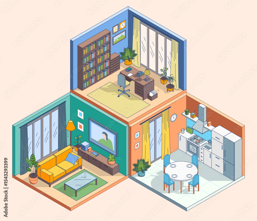Fototapeta premium Cartoon Color Duplex Flat Interior Inside Concept Office,Living Room and Kitchen 3d Isometric View Line Elements. Vector illustration