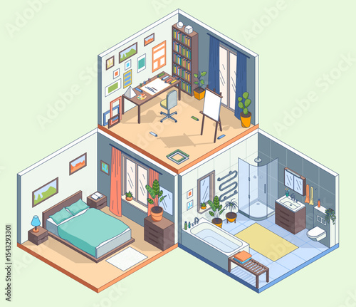 Cartoon Color Duplex Flat Interior Inside Concept Art Room, Bedroom and Bathroom 3d Isometric View Line Elements. Vector illustration