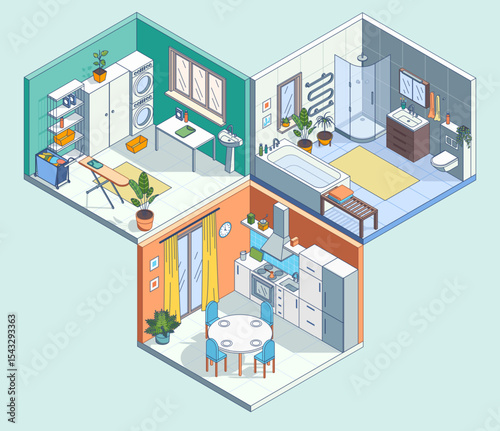 Cartoon Color Duplex Flat Interior Inside Concept Laundry, Bathroom and Kitchen 3d Isometric View Line Elements. Vector illustration