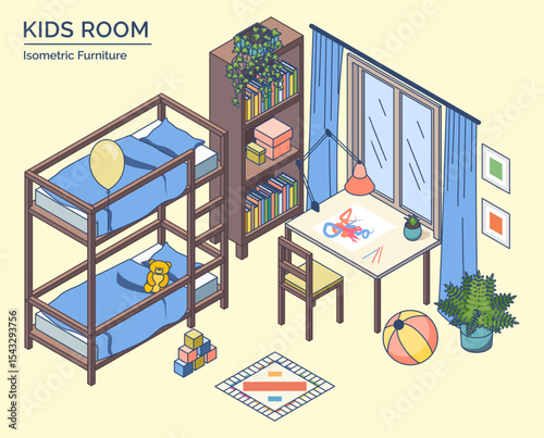 Cartoon Color Kid Room Furniture Setting Concept 3d Isometric View Line Elements. Vector illustration of Bookshelves, Table and Bed