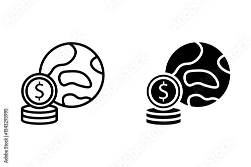 Global revenue vector icon set. Dollar sign icon on globe vector design