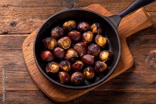A cast iron pan filled with roasted chestnuts rests on a wooden board. The nuts showcase a crispy exterior and toasted aroma, perfect for cozy autumn gatherings