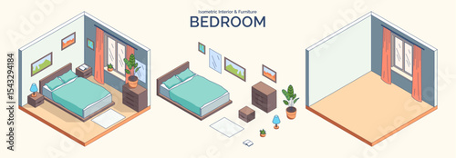 Cartoon Color Bedroom Room Interior and Furniture Concept 3d Isometric View Line Elements. Vector illustration of Bed and Bedside Tables