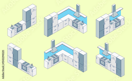 Cartoon Color Kitchen Furniture Different Complete Set Concept 3d Isometric View Line Elements. Vector illustration