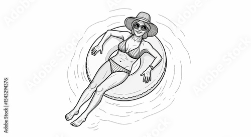 Top view full body of smiling trending active senior woman in bikinis and sunglasses relaxing on a floating ring in a swimming pool while looking at camera.
