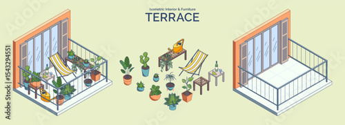 Cartoon Color Balcony Exterior and Different Plants, Furniture Concept 3d Isometric View Line Elements. Vector illustration
