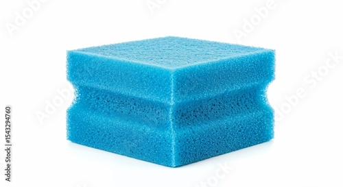 Filter sponge isolated on white background, blue open-cell foam, close-up, detailed material