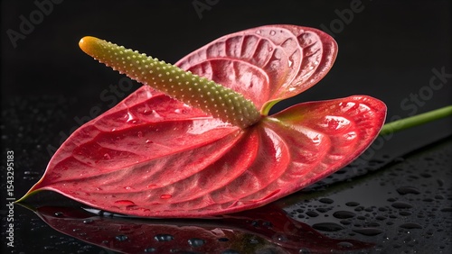 Photorealistic macro of a flamingo lily (Anthurium) — glossy red spathe and yellow spadix in sharp detail.