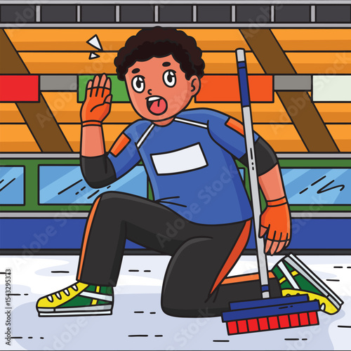 Curling Male Skip Shouting Colored Cartoon 