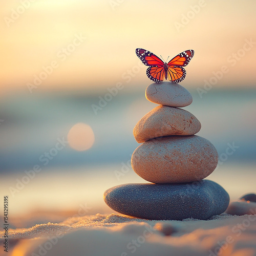 Sunset Serenity Butterfly on Balanced Stones