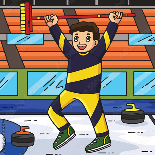 Curling Male Curler Raising Broom Colored Cartoon 