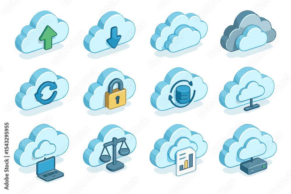 Obraz premium Cloud computing icons representing security, storage, and data synchronization
