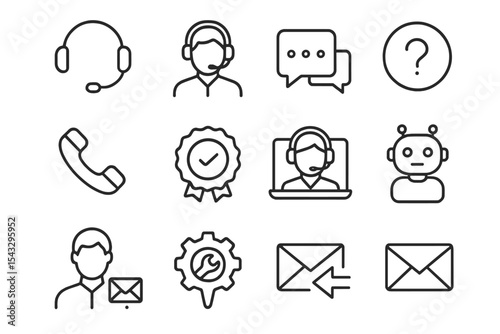Customer support icons set with headsets, chat bubbles, and mail symbols