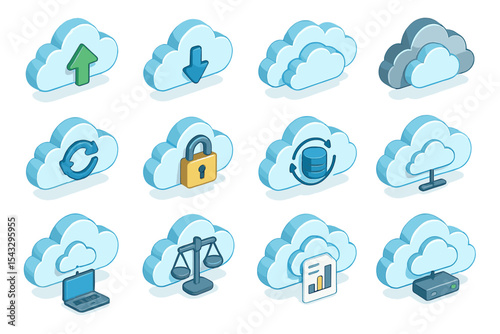 Cloud computing icons representing security, storage, and data synchronization