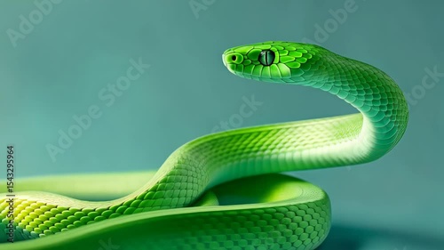 Green snake coiling muscular body, showcasing alert reptilian stance against soft blue studio backdrop, revealing intricate scales and vivid emerald coloration