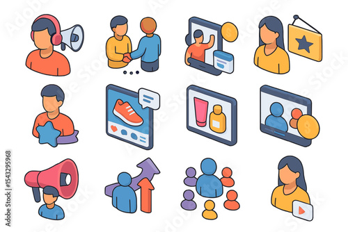 Modern marketing icons set: social media, advertising, e-commerce, engagement