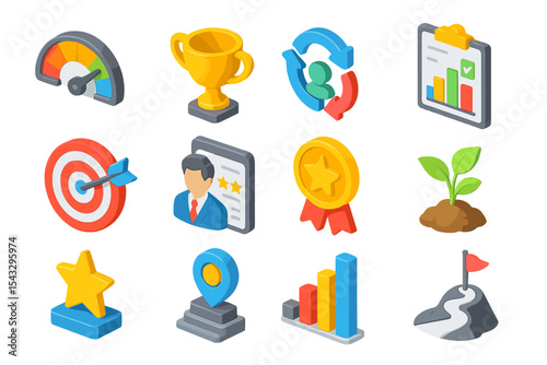 Colorful business and success icons set with trophy, target, graphs, and awards