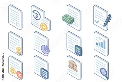 Isometric business documents and icons featuring charts and currency symbols