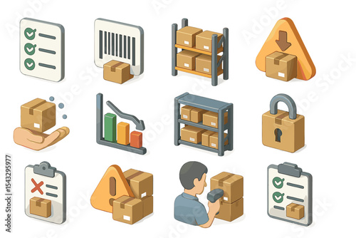 Warehouse inventory management icons collection in isometric style