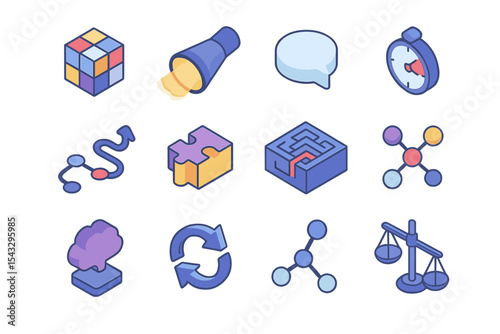Abstract icons featuring cube, puzzle, flashlight, maze, scales, and more