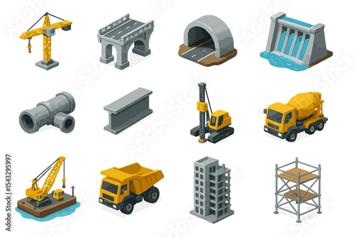 Construction icons set: cranes, bridges, tunnels, and more infrastructure elements