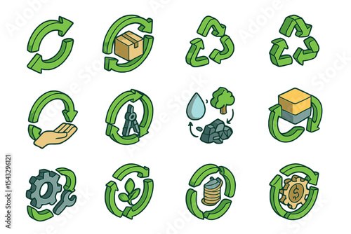 Recycling symbols and environmental icons on a green background