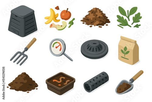 Composting essentials icons: tools, waste, soil, leaves, fertilizer