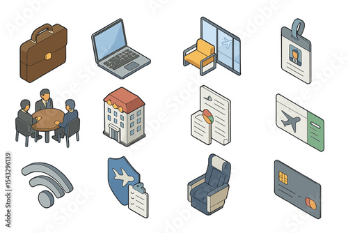 Isometric travel and business icons featuring technology and aviation elements