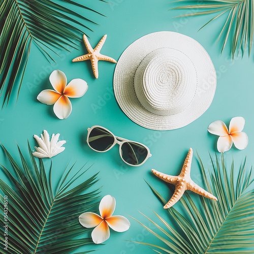 Tropical Summer Flatlay A Composition of Sun Hat Sunglasses Starfish Plumeria Blossoms and Palm Fronds on a Teal Background