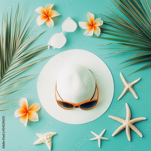 Summertime Serenity A Tropical Flatlay of Sun Hat Sunglasses Plumeria Blossoms and Starfish on a Turquoise Background