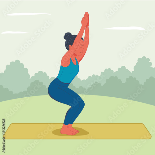 A women doing Chair Pose (Utkatasana) in park