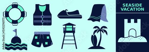 Seaside vacation icon set with life belt, life vest, opened umbrella, buoy, ski jet, towel, men swimming shorts, lifeguard tower, surf boards, sand castle. Editable icon elements, size and color.