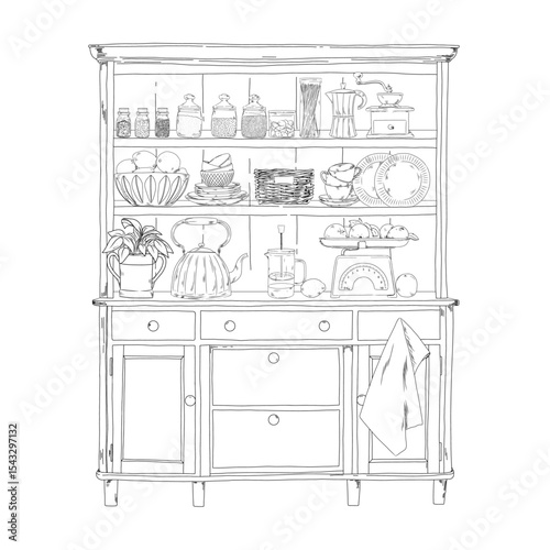 Black and white hand-drawn illustration of a vintage Provence-style kitchen cabinet with crockery, jars, coffee maker, kettle and cooking utensils.