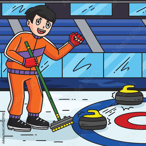 Curling Male Knocking Off a Stone Colored Cartoon 
