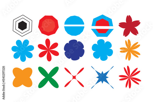 Colorful geometric shapes icon set with abstract patterns and decorative vector elements