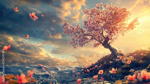 A stunning cherry blossom tree stands majestically under a dramatic sky, showcasing the beauty of nature in a moment filled with hope and tranquility.