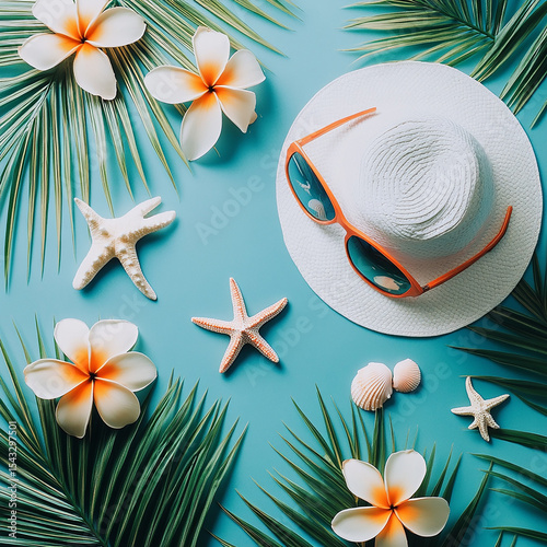Summer Vacation Essentials Palm Leaves Starfish and Beach Hat