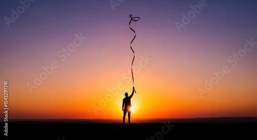 Silhouette of Person Launching a Cascade of Objects Into the Sunset Sky Capturing a Moment of Freedom