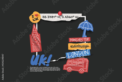 United Kingdom travel frame collage photos with scrapbook torn paper style.